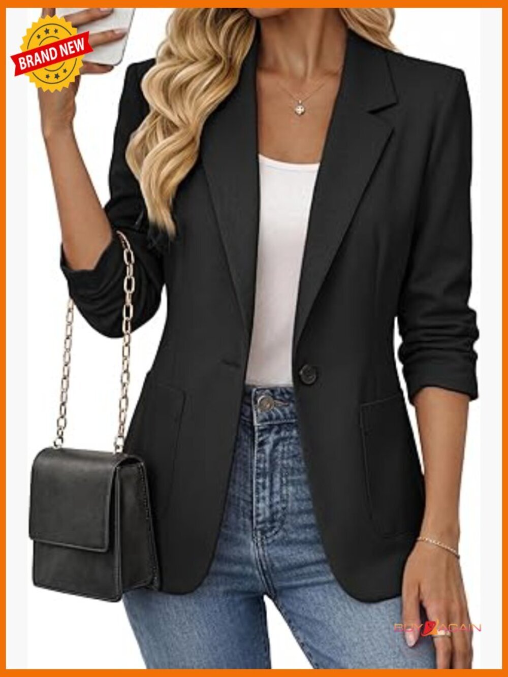 Women's 3/4 Ruched Sleeve Blazer - Lightweight Lined Casual Work Jacket with
